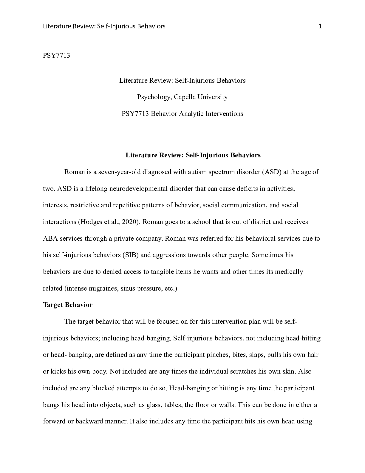 Preview of 7713_Literature_Review.docx    PSY7713  Literature Review: Self-Injurious Behaviors  Psych